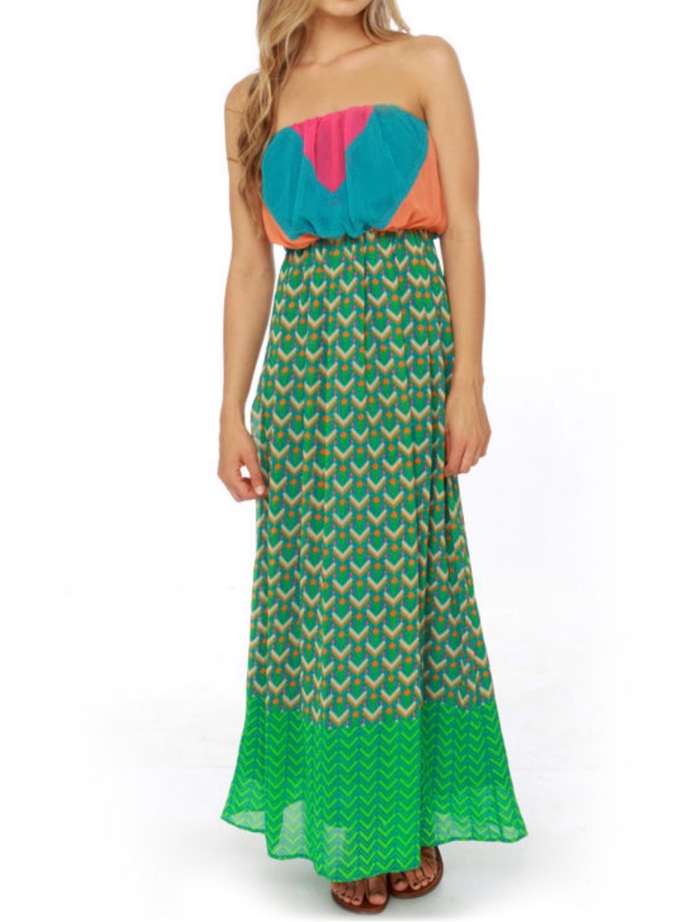 Champagne & Strawberry Colorblock & Geo Print Strapless Maxi Dress
